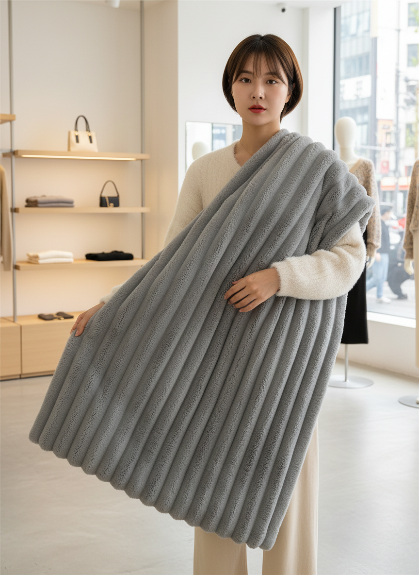 Gray knitted blanket with ribbed texture draped over model in store setting
