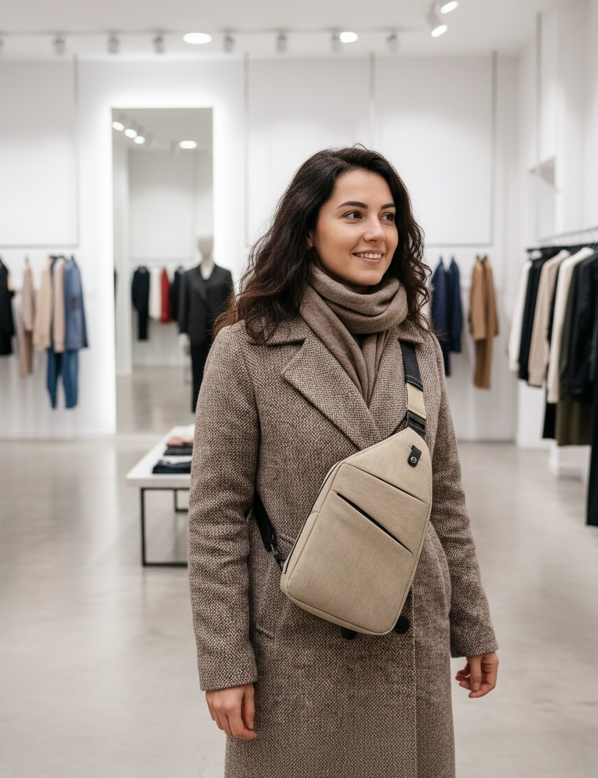 Model wearing beige anti-theft sling bag side view