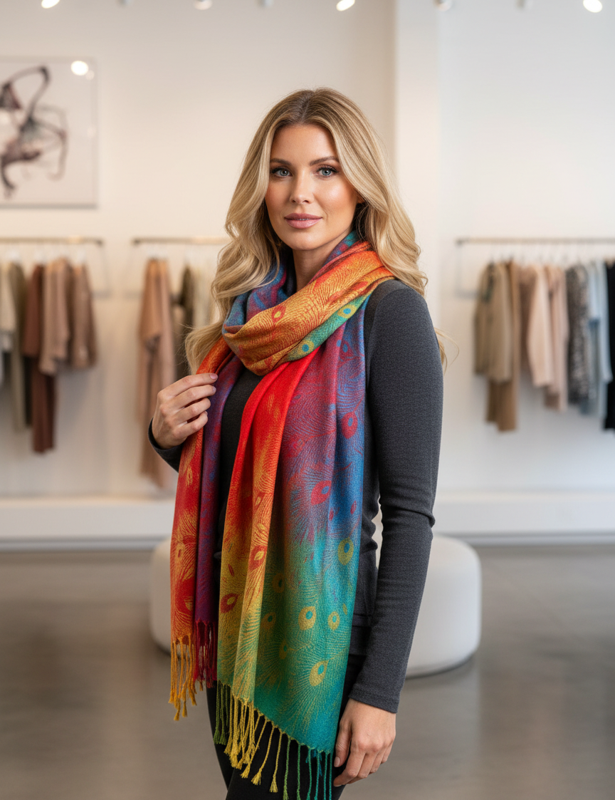 Woman wearing colorful peacock print scarf wrapped around neck, front view