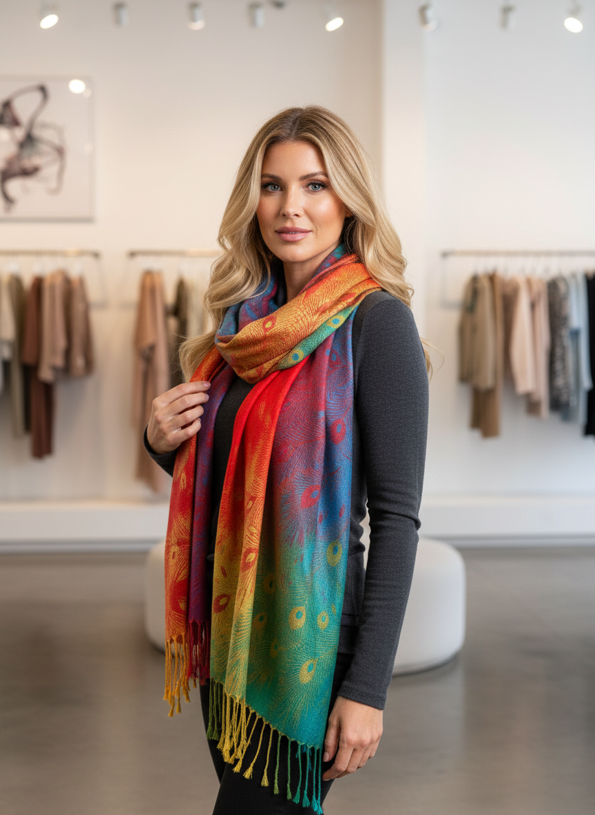 Woman wearing colorful peacock print scarf wrapped around neck, front view