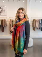 Woman wearing colorful peacock print scarf wrapped around neck, front view