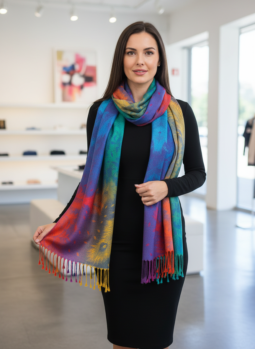 Woman wearing multicolored peacock print scarf wrapped around neck, side view