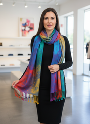 Woman wearing multicolored peacock print scarf wrapped around neck, side view