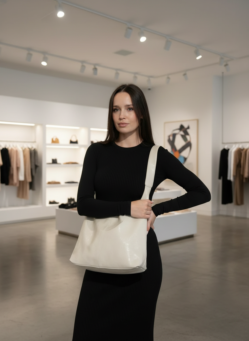 White leather shoulder bag worn by model in store