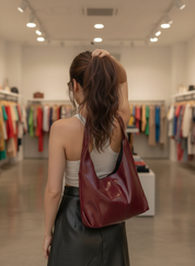 Red leather shoulder bag worn by model in store