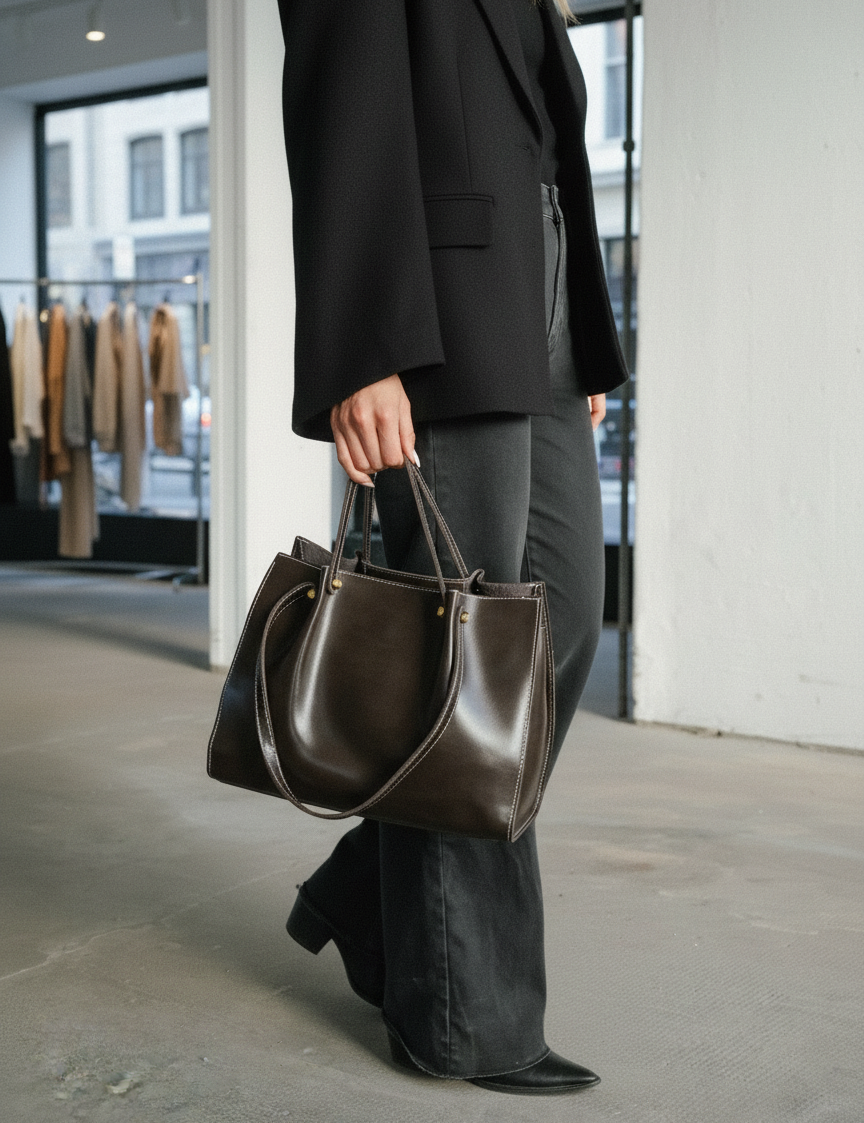 Large brown leather tote bag with contrast stitching, front view.