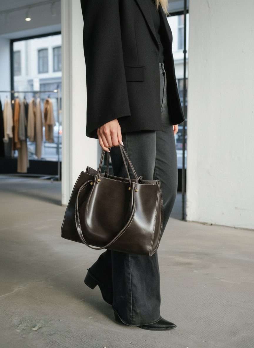 Large brown leather tote bag with contrast stitching, front view.