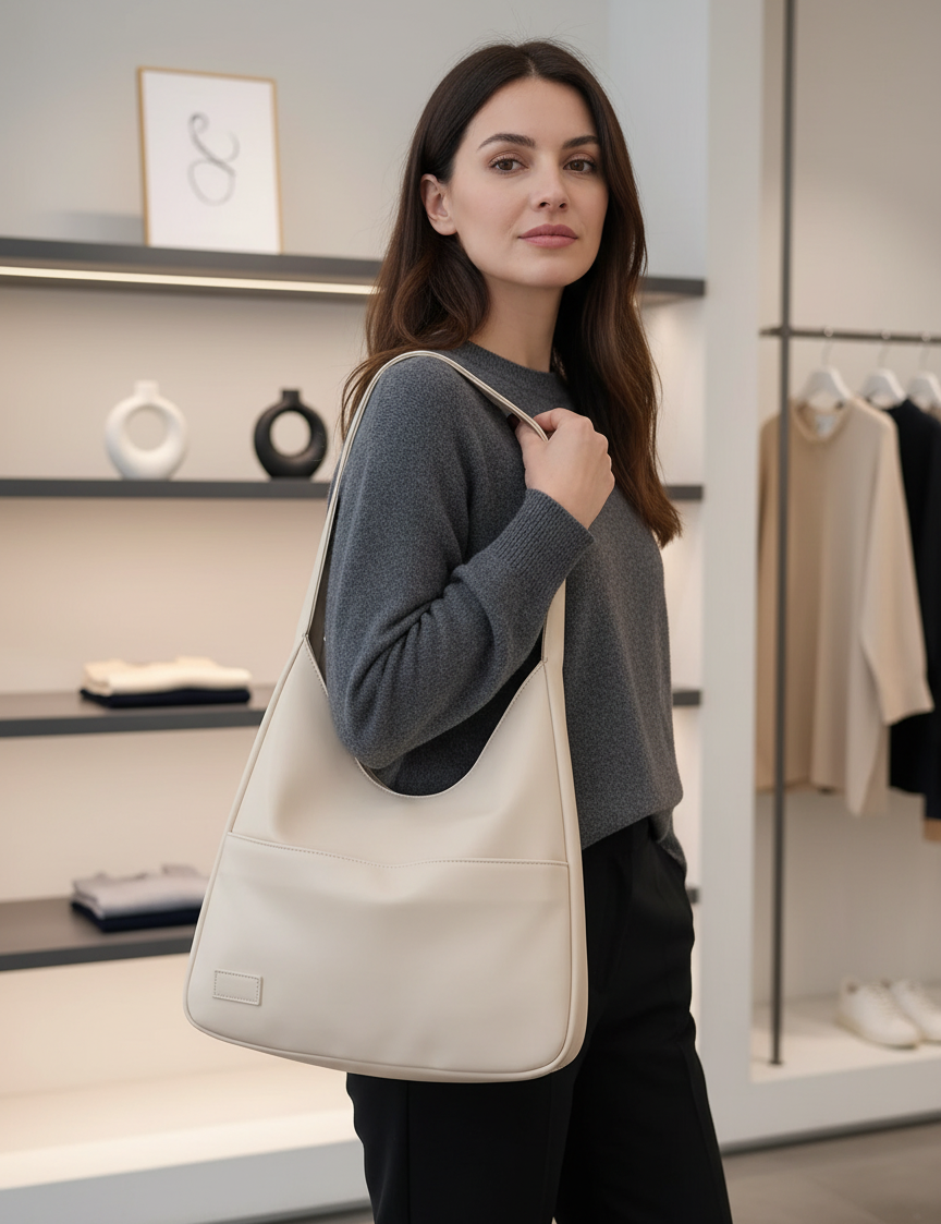 Cream slouchy hobo bag front view