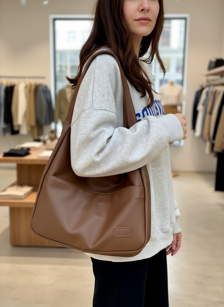 Brown slouchy hobo bag front view