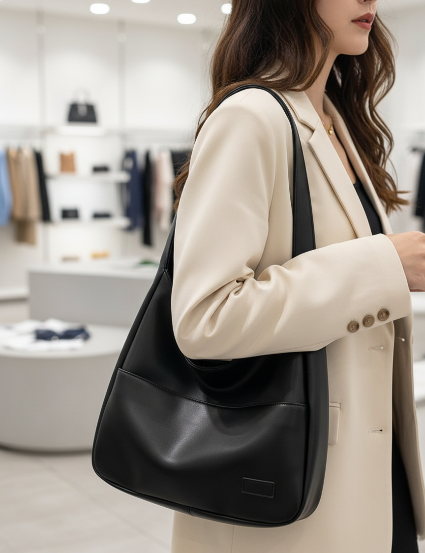 Black slouchy hobo bag side view