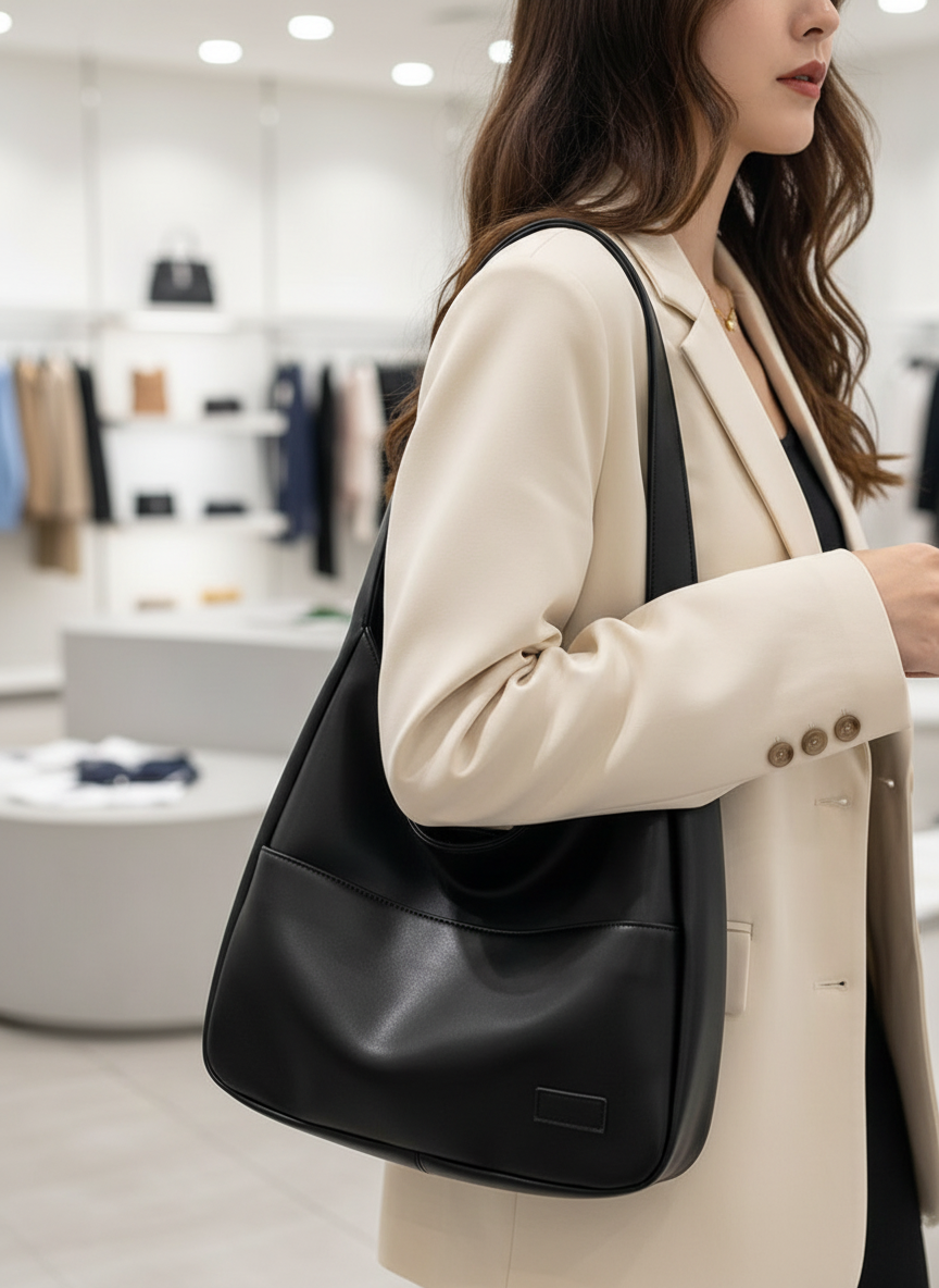 Black slouchy hobo bag side view