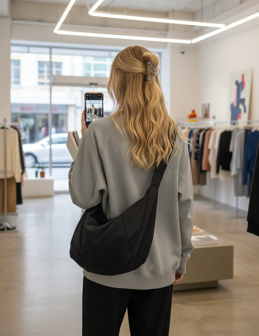 Woman wearing black shoulder bag with gray sweatshirt and black pants, back view
