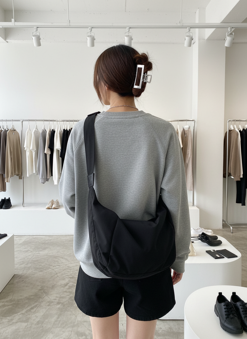 Woman wearing black shoulder bag with gray sweatshirt and black shorts, back view
