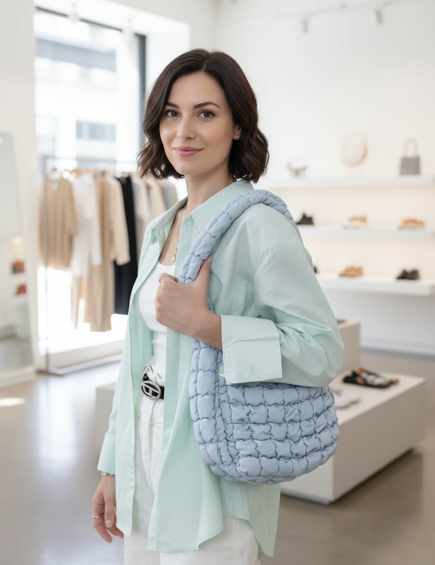 Quilted hobo bag light blue worn over shoulder