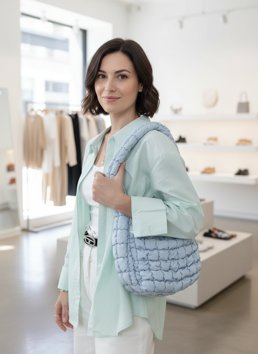 Quilted hobo bag light blue worn over shoulder