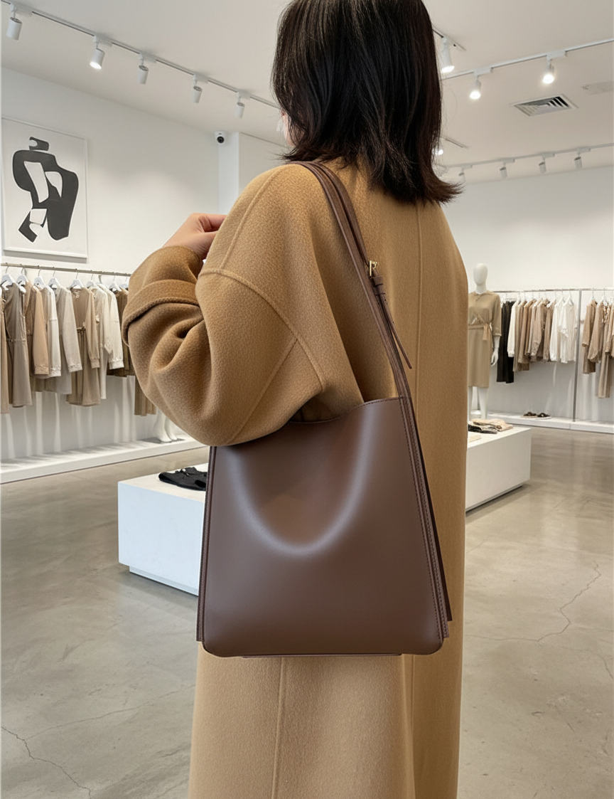Brown leather shoulder bag worn by model in store setting