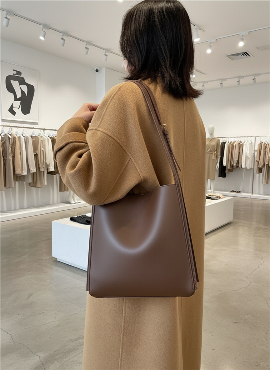 Brown leather shoulder bag worn by model in store setting