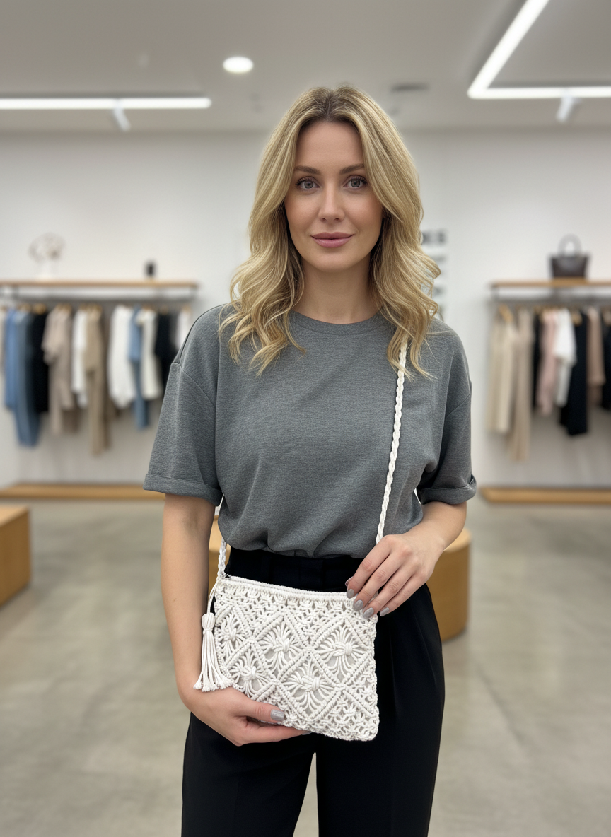 White macramé crossbody bag front view