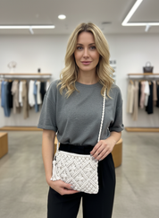 White macramé crossbody bag front view
