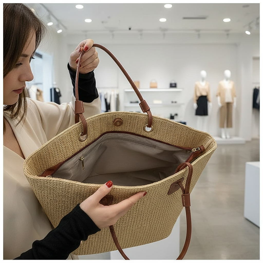 Close-up of straw tote bag interior with brown leather accents