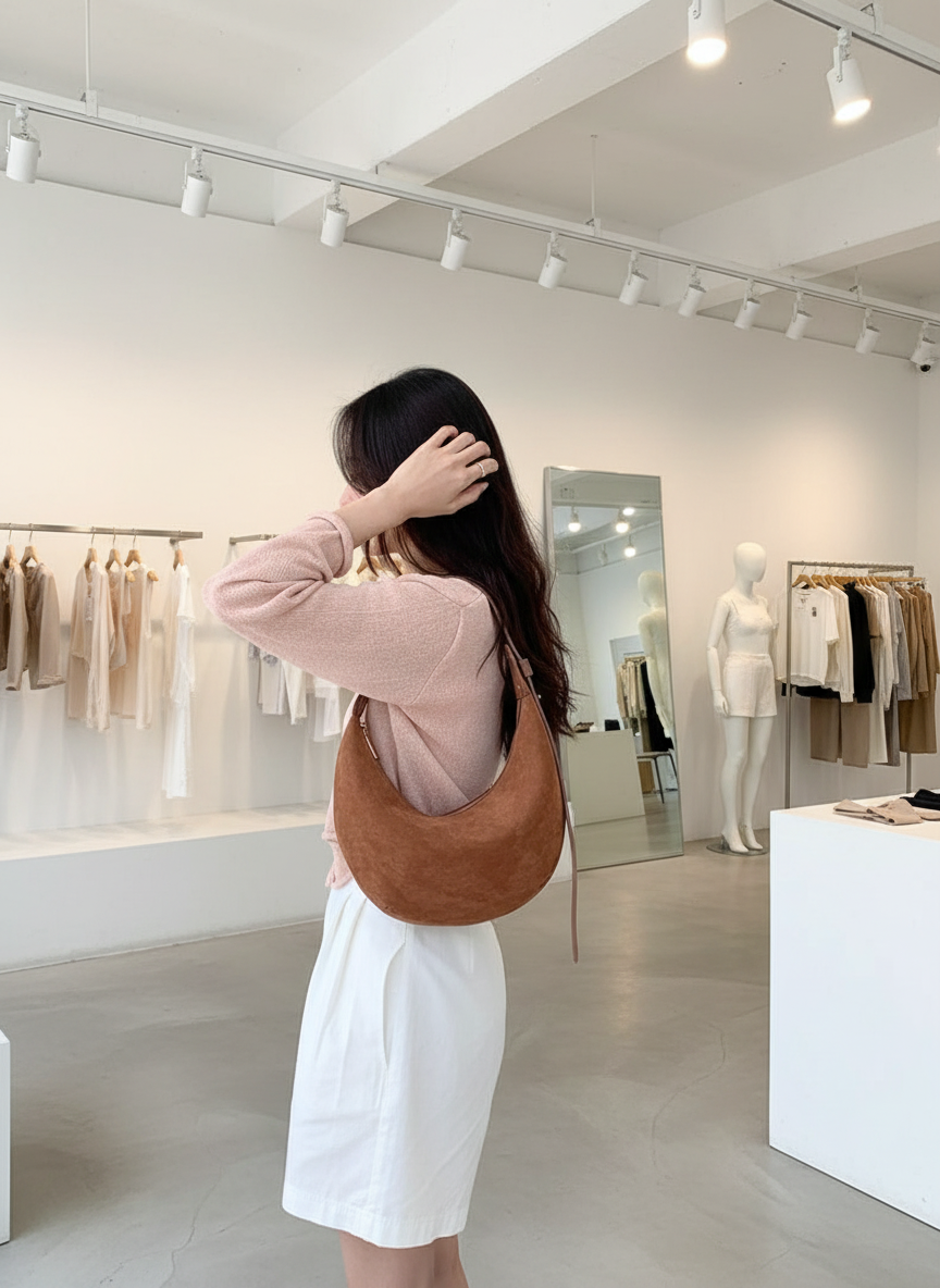 Hobo bag in brown suede worn over shoulder, back view