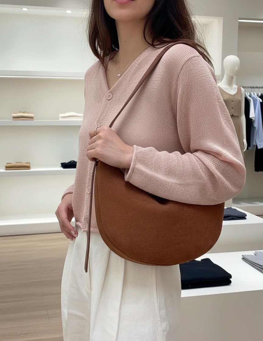 Hobo bag in brown suede held by hand, front view