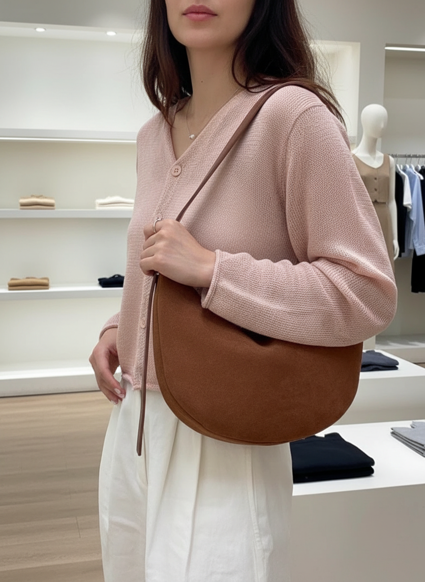 Hobo bag in brown suede held by hand, front view