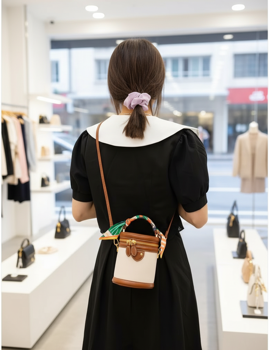 Handbag with silk scarf beige and brown worn on shoulder in store