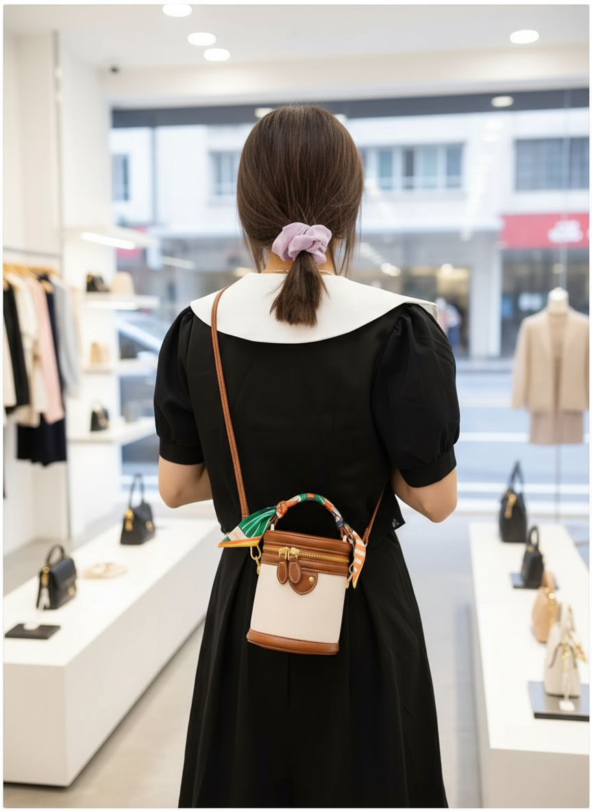 Handbag with silk scarf beige and brown worn on shoulder in store