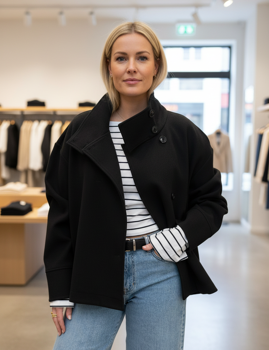 Black short coat with buttons front view