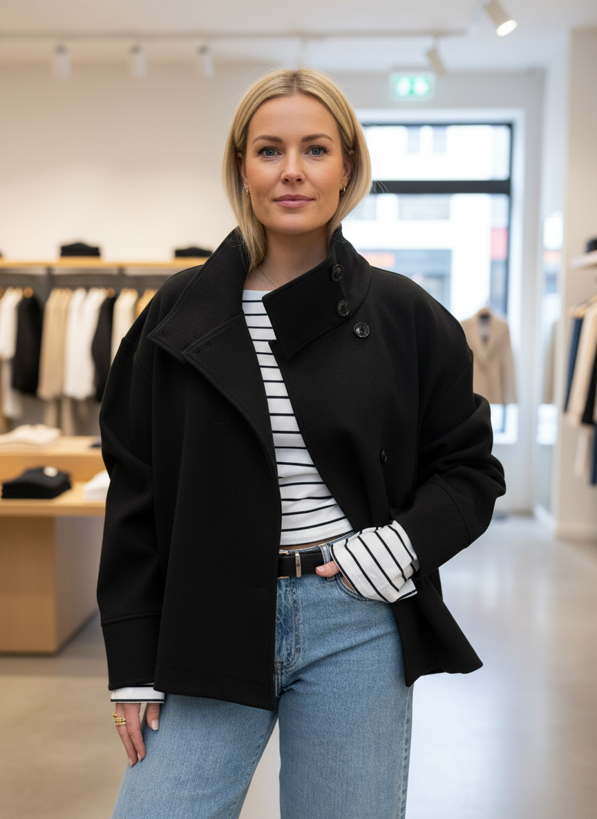 Black short coat with buttons front view
