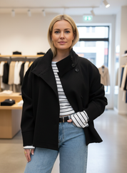 Black short coat with buttons front view