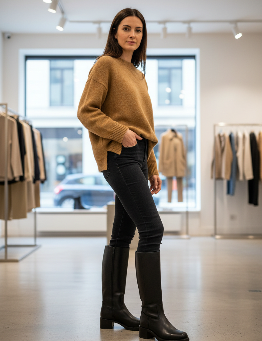 Brown leather boots with block heel worn with jeans and sweater