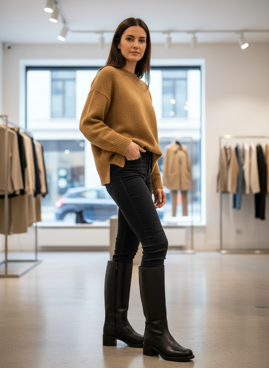 Brown leather boots with block heel worn with jeans and sweater