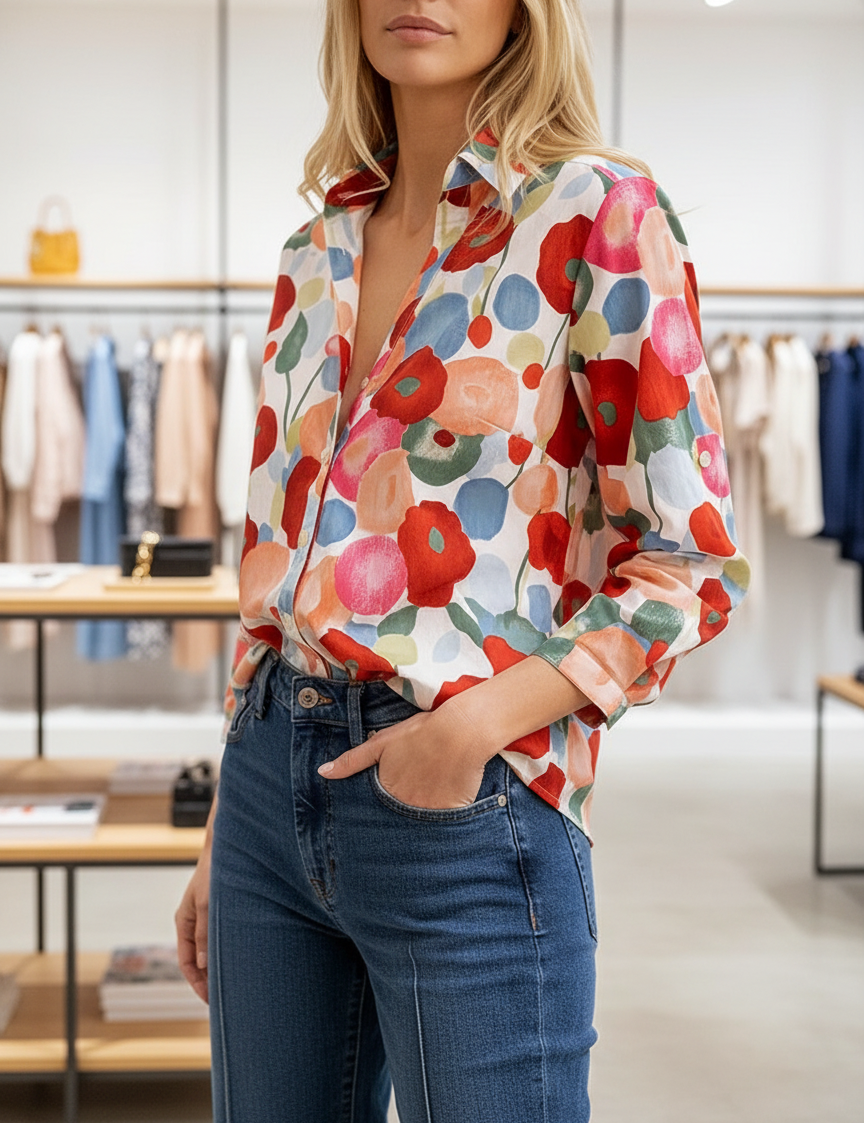 Blouse with bold floral print front view