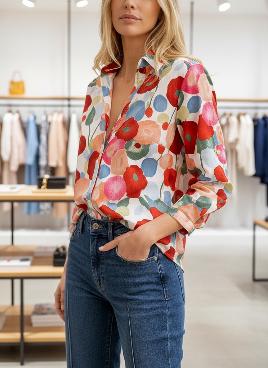 Blouse with bold floral print front view