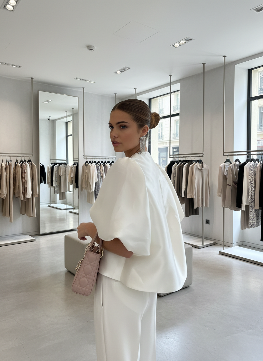 White satin blouse with puff sleeves back view