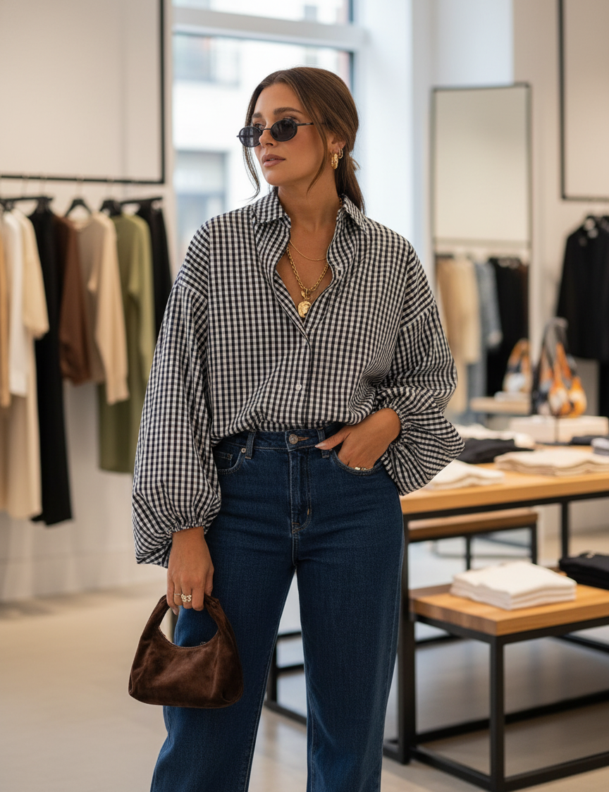 Woman wearing black and white checkered shirt with blue jeans, front view