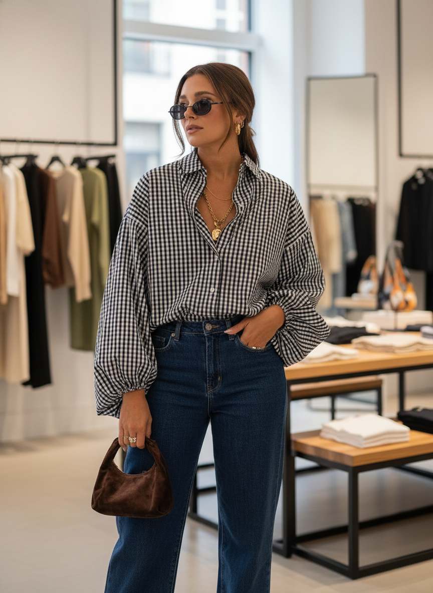 Woman wearing black and white checkered shirt with blue jeans, front view