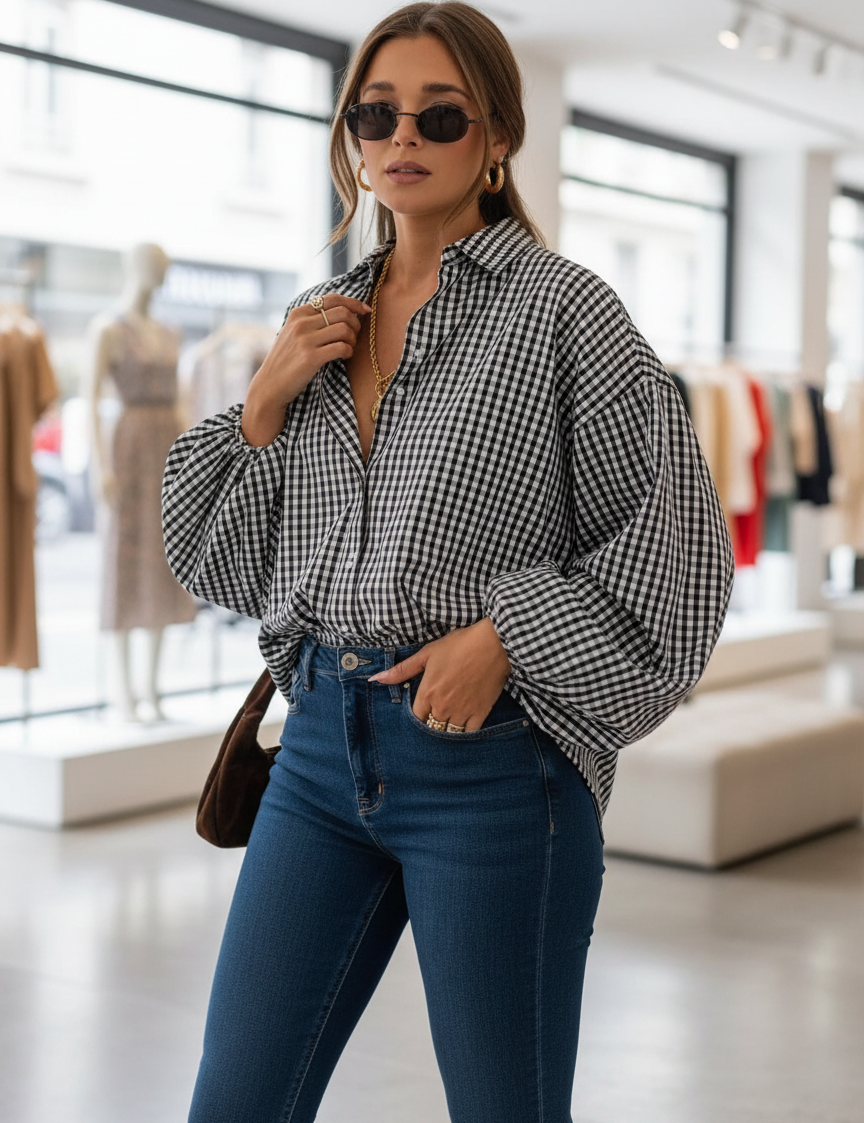 Woman adjusting black and white checkered shirt, side view