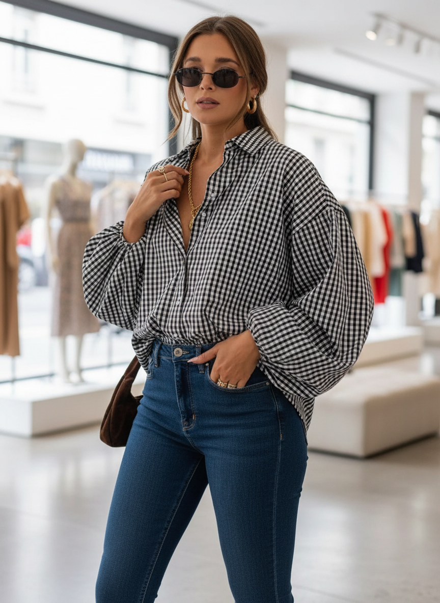 Woman adjusting black and white checkered shirt, side view