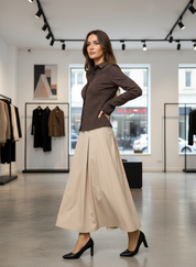 Retro flare-sleeve shirt brown full-body side view