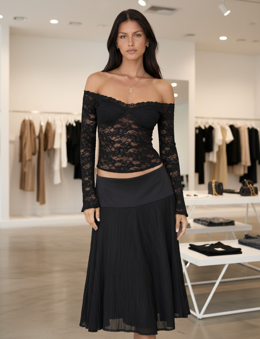 Off-the-shoulder lace top black front view