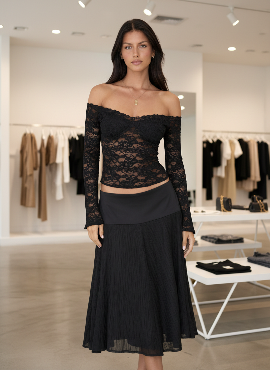 Off-the-shoulder lace top black front view
