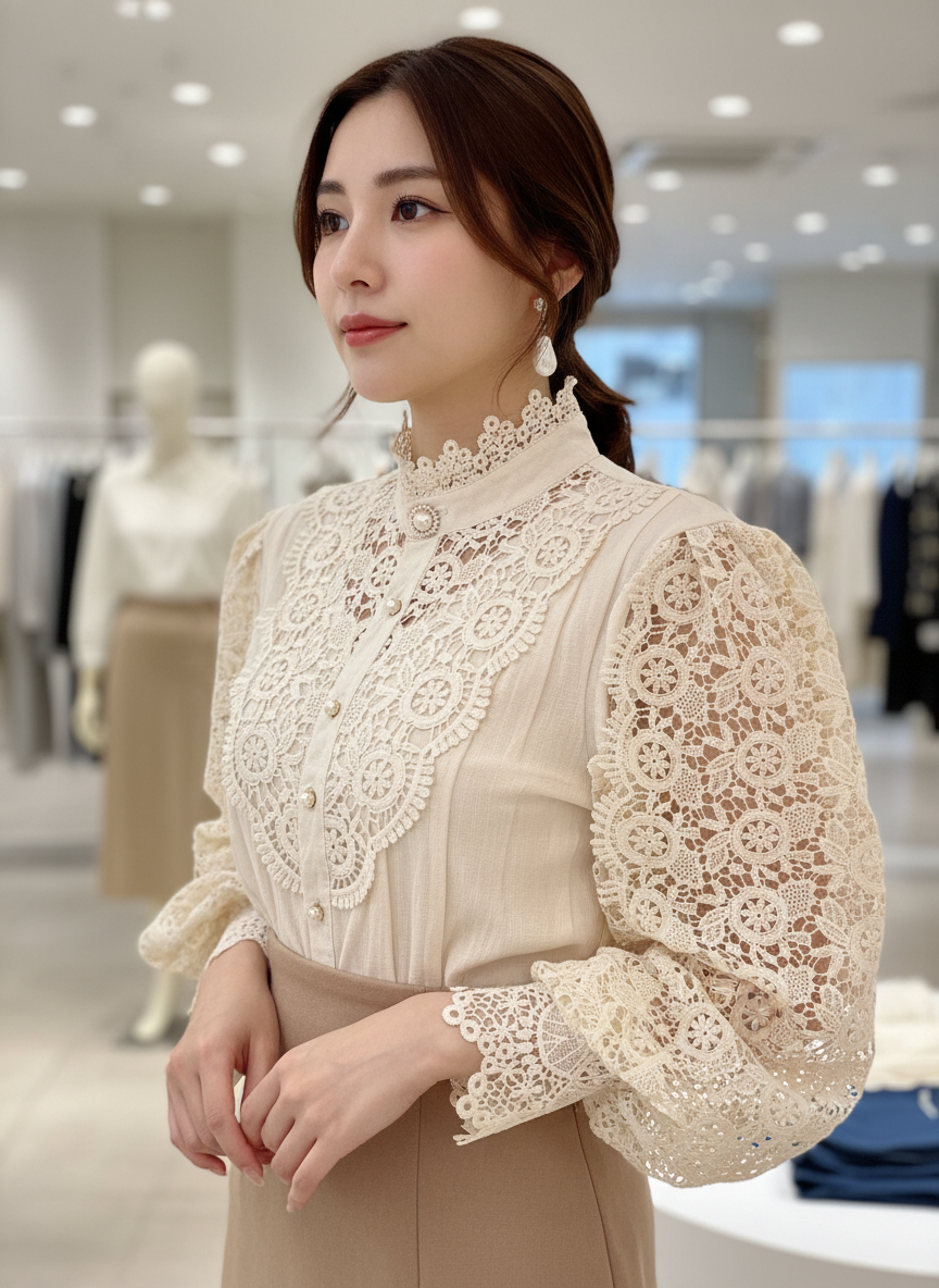 Beige lace blouse with puffed sleeves close-up