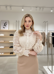 White lace blouse with puffed sleeves full body view