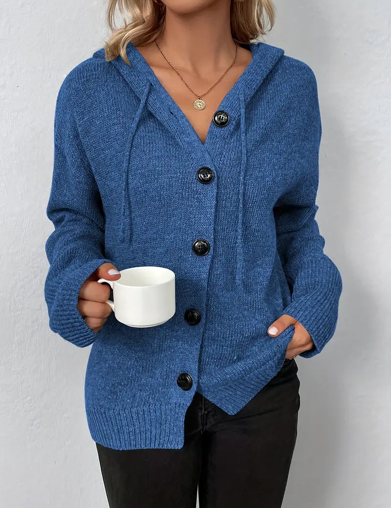 Blue knit cardigan with buttons front view