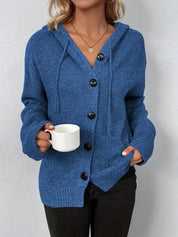 Blue knit cardigan with buttons front view