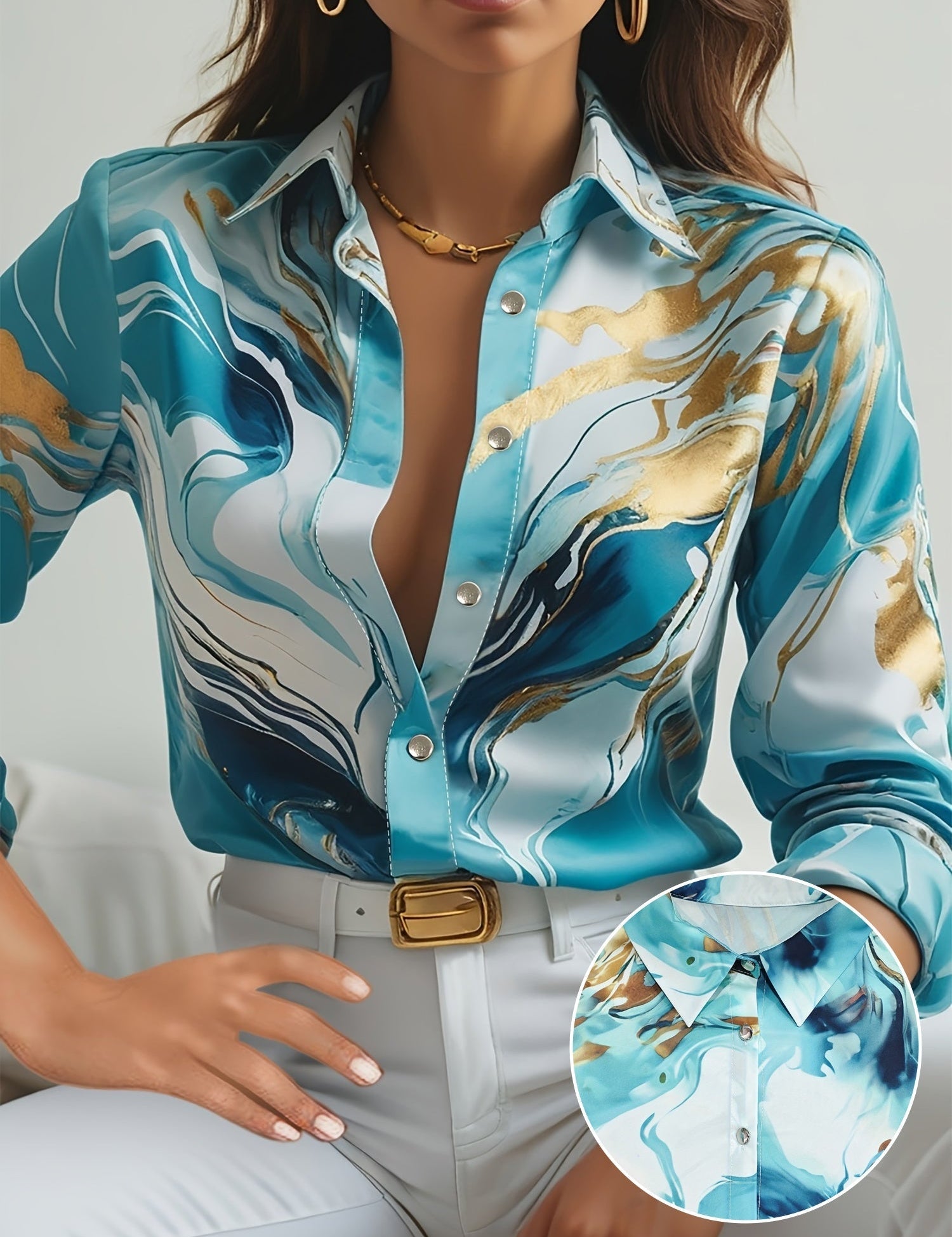 Silk blouse with abstract marbled print, front view