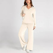 Ivory lounge set front view with white sneakers